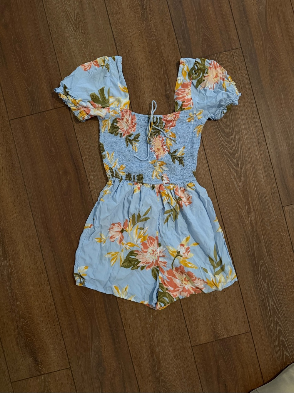 Floral Puff-Sleeve Light Blue Romper